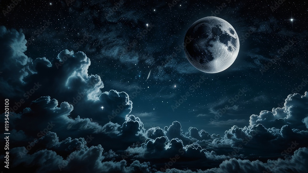 Fototapeta premium Romantic Moon In Starry Night Over Clouds