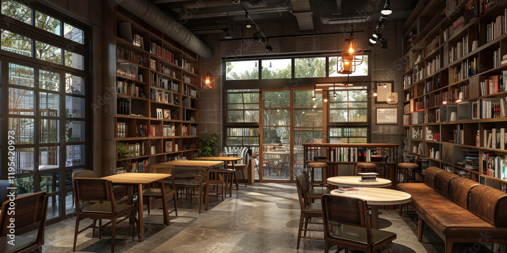 A rustic coffee shop corner with cozy seating, wooden tables, and bookshelves filled with novels A rustic coffee shop corner with cozy seating, wooden tables, and bookshelves filled with novels