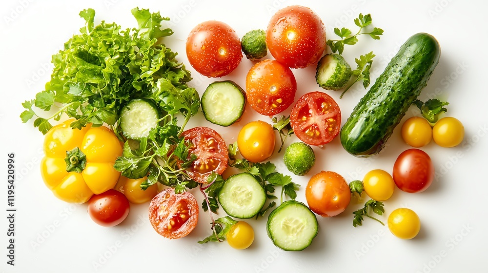 Fresh assorted vegetables including tomatoes, cucumber, and lettuce on a white background. Fresh assorted vegetables including tomatoes, cucumber, and lettuce on a white background.