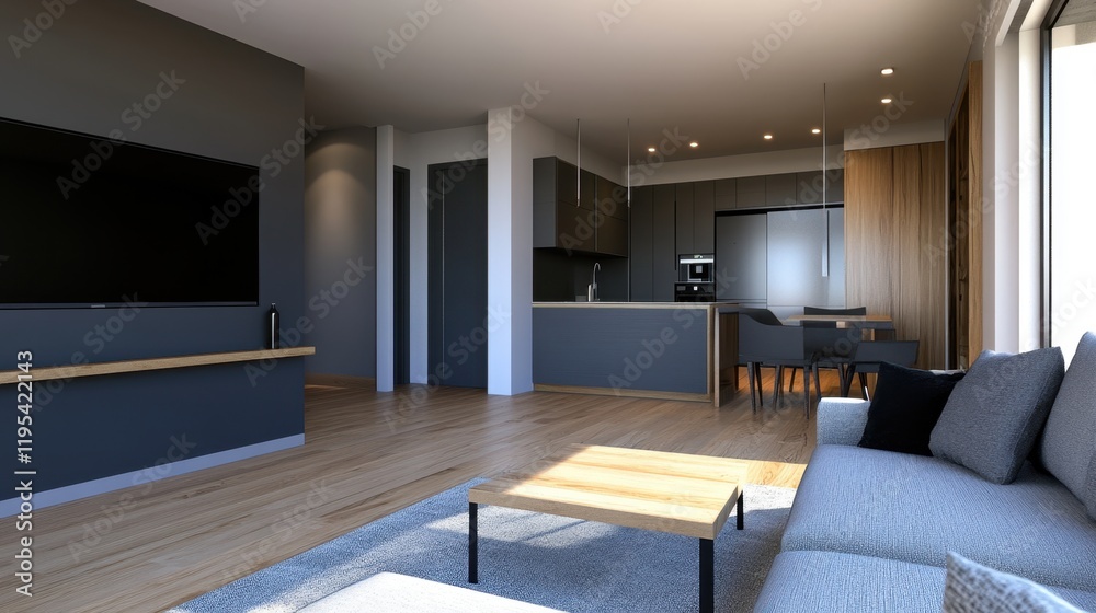 Fototapeta premium Modern open-plan living room and kitchen with minimalist design