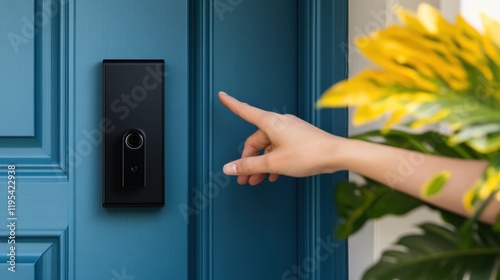 Female hand ringing smart doorbell on blue door next to foliage