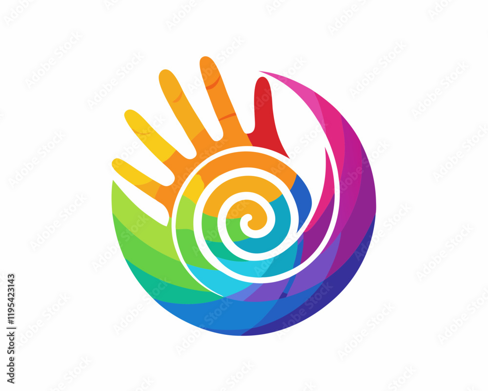 Colorful Abstract Hand Logo with Spiral Palm and Rainbow Fingers in Vibrant Gradient
