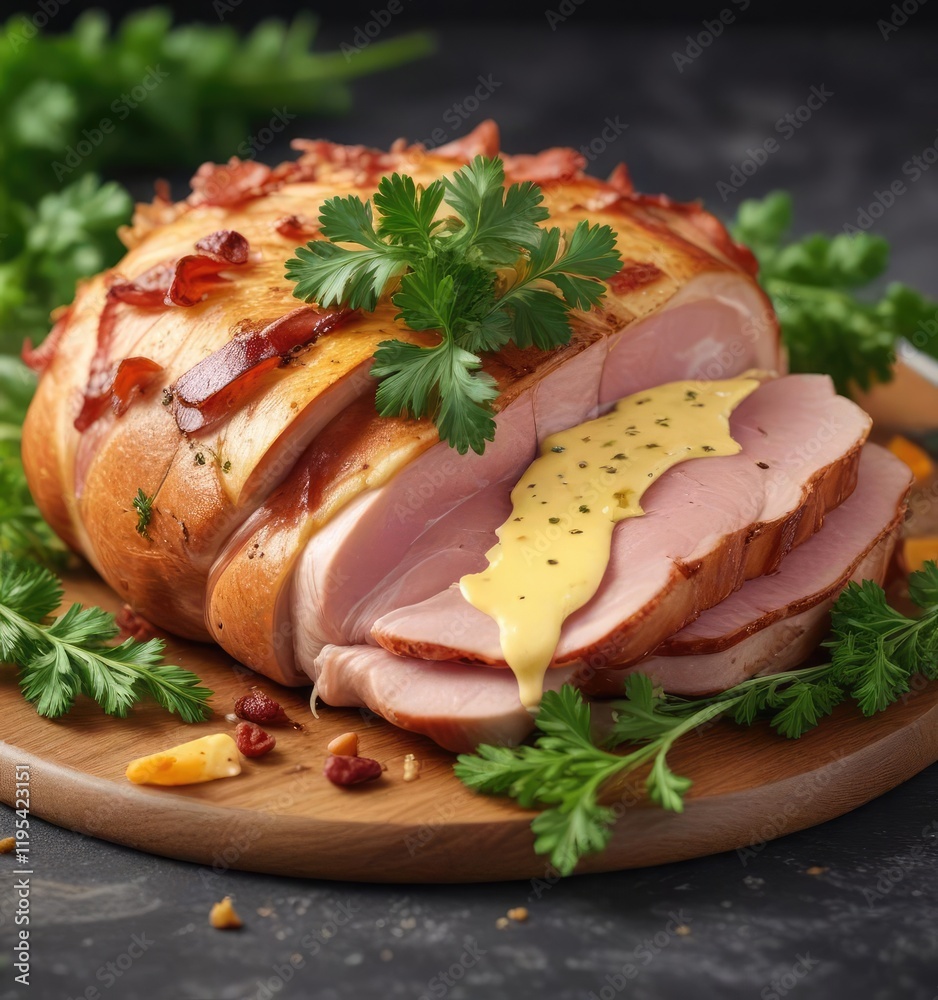 A juicy ham with melted cheese and crunchy bacon bits amidst a sprig of fragrant parsley , bowl, side dish, ham A juicy ham with melted cheese and crunchy bacon bits amidst a sprig of fragrant parsley , bowl, side dish, ham