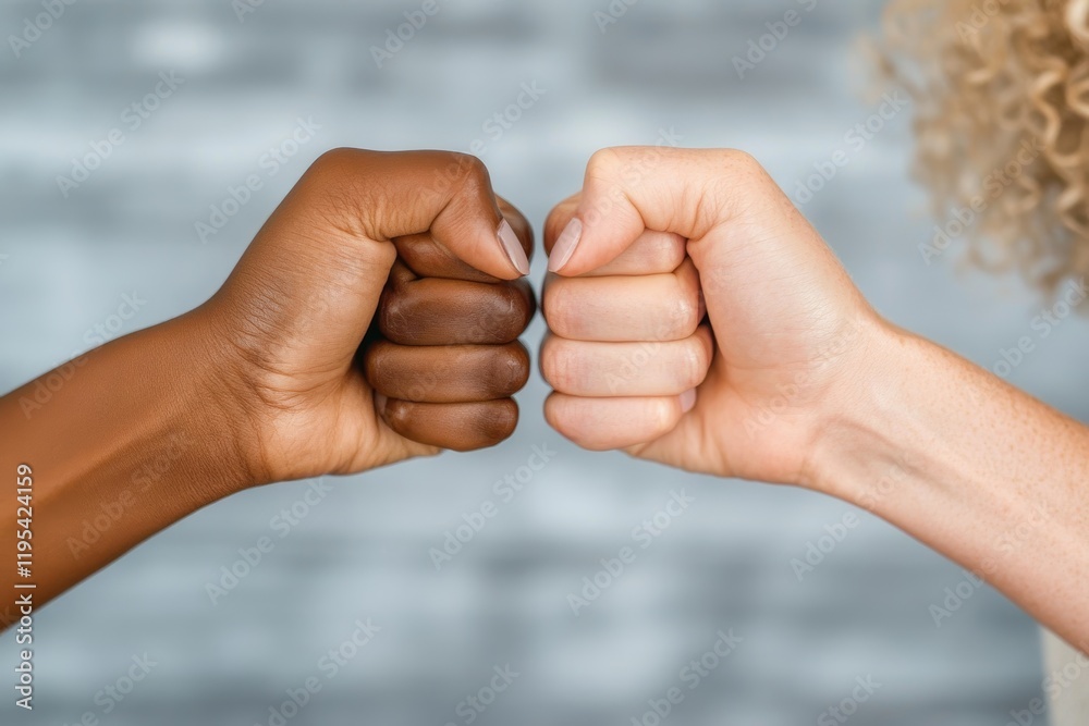 Two women of different ethnicities bump fists in a gesture of unity and solidarity.