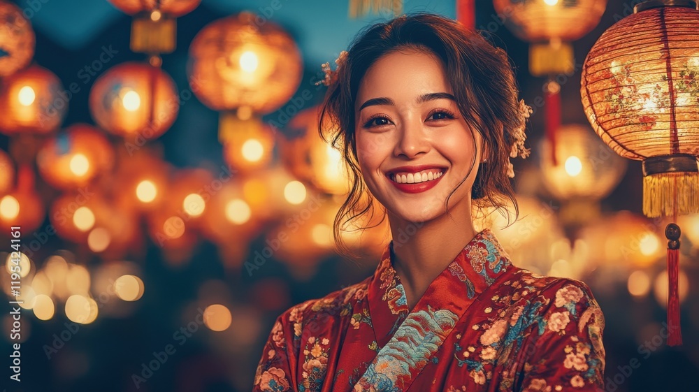 A portrait of Asian woman in a traditional outfit smiles outdoors with red lanterns in the background, celebrating Lunar New Year A portrait of Asian woman in a traditional outfit smiles outdoors with red lanterns in the background, celebrating Lunar New Year