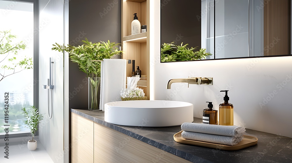 Fototapeta premium Dressing area with natural stone countertops and soft inviting lighting design for a modern minimalist bathroom interior Showcasing a spa like luxurious and sophisticated aesthetic with a calming