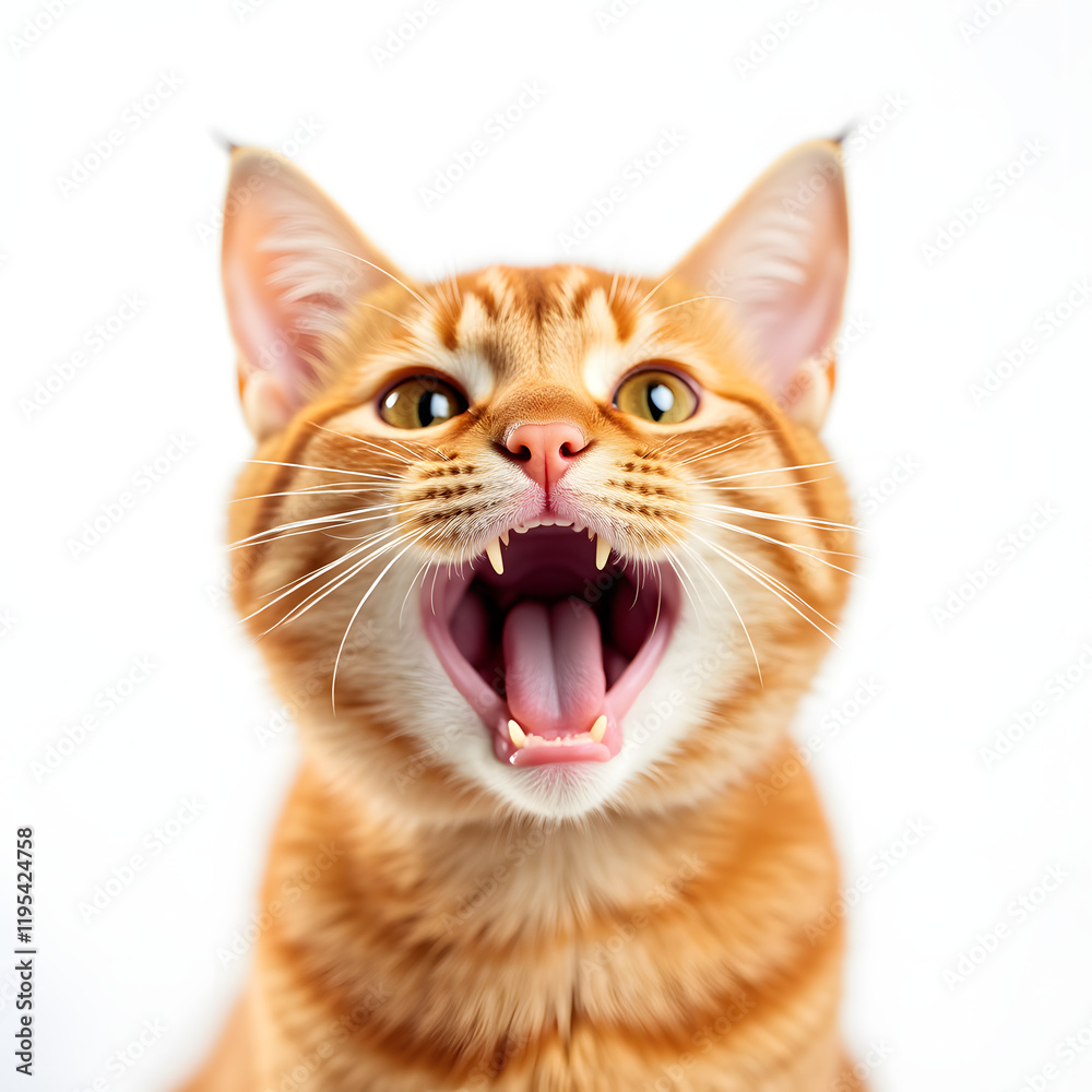 Orange cat with open mouth and surprised expression on white background.