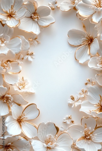 White flowers with gold edges border a light background; use for elegant backdrop