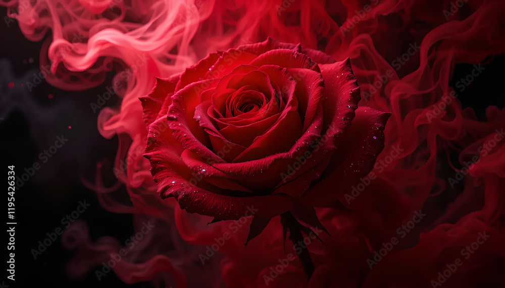 Naklejka premium Crimson Embrace: A Red Rose Enveloped in Mystical Smoke