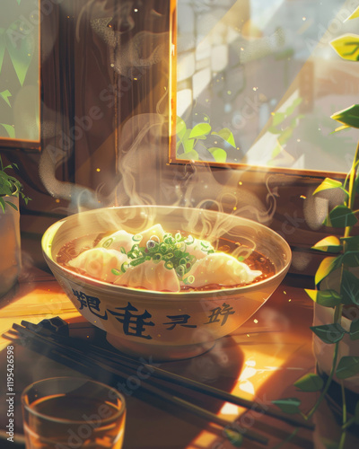 A steaming bowl of wonton soup served with fresh scallions and chili oil photo