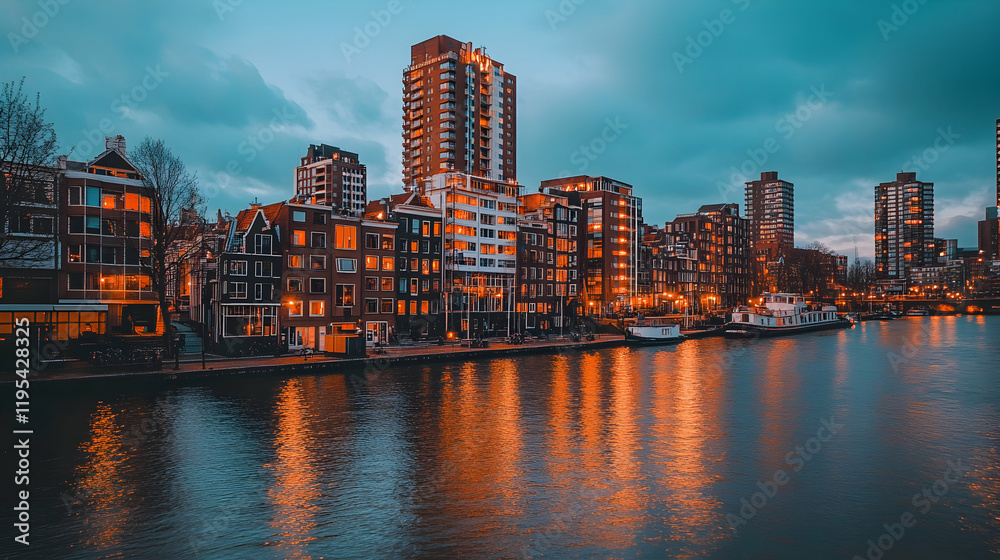 Fototapeta premium Serene twilight view of Amsterdam's canals, reflecting illuminated buildings and boats. A picturesque cityscape at dusk.