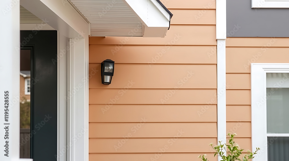 Fototapeta premium Modern House Exterior with Peach Siding, White Trim, and Dark Grey Door
