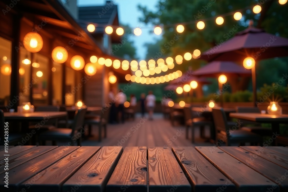 Obraz premium Inviting outdoor dining area with warm ambient lights and wooden tables at twilight.
