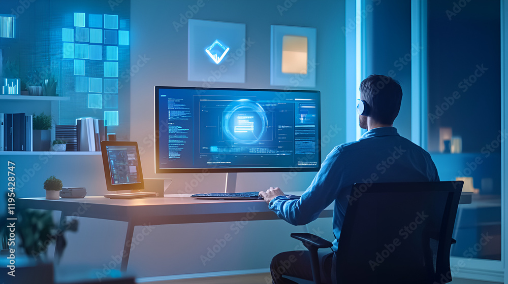A remote worker in a connected home using a smart technology A remote worker in a connected home using a smart technology