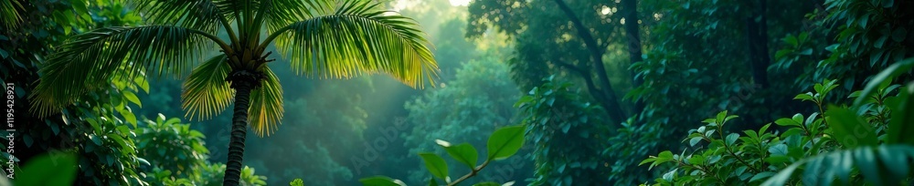Obraz premium Lush green tropical forest with sunlight filtering through dense foliage creating serenity.