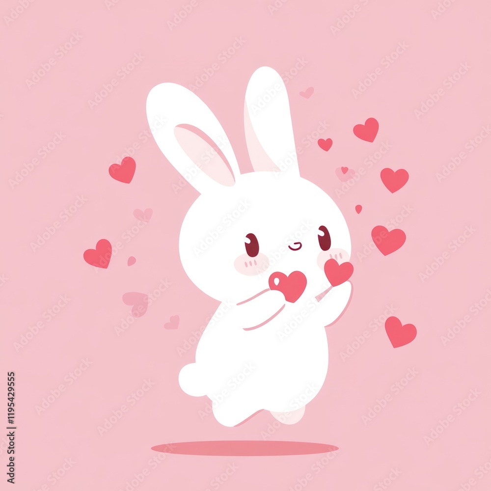 White rabbit with heart objects on a pink background, for love themed designs White rabbit with heart objects on a pink background, for love themed designs