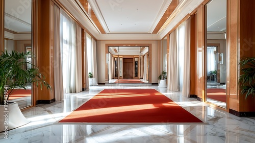 Luxurious Hallway with Opulent Marble Flooring and Plush Carpeting in an Elegant High End Interior Design Showcasing Grandeur and Sophistication photo