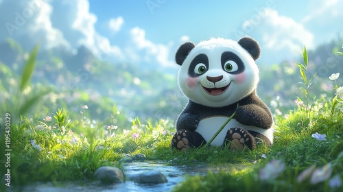 A cheerful cartoon panda sitting on a patch of grass, holding a bamboo stick, and smiling against a blue sky background photo