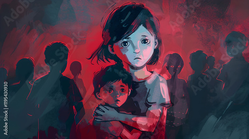 Vector illustration, kidnapped brother and sister against the background of silhouettes of innocent children who became victims of violence and aggression. Pop art style.