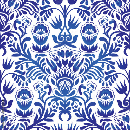 Traditional Russian vector seamless pattern in gzhel style. Can be used for banner, card, poster, invitation, label etc.