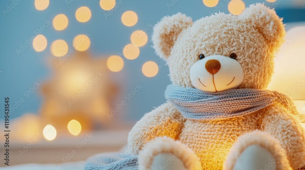 custom made wallpaper toronto digitalA cozy teddy bear with a warm scarf sits against a softly lit background, evoking feelings of comfort and nostalgia.