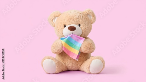 A plush teddy bear holding a rainbow flag sits against a pink background, symbolizing love and inclusivity. photo