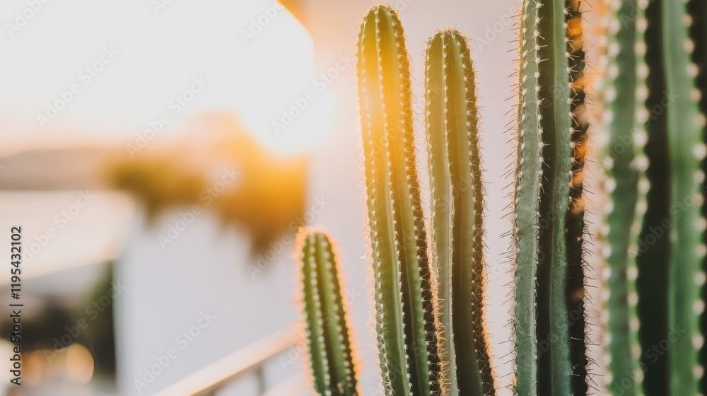 Naklejka premium Close-up of cacti illuminated by warm sunset light.