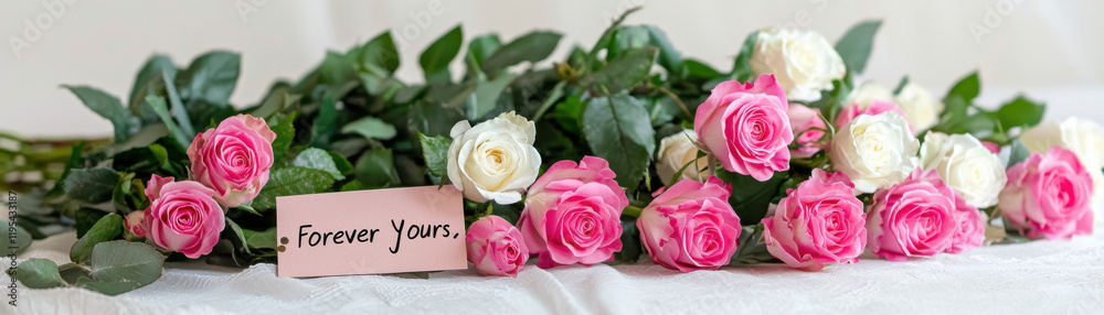 romantic arrangement of pink and white roses with Forever Yours card on white surface romantic arrangement of pink and white roses with Forever Yours card on white surface