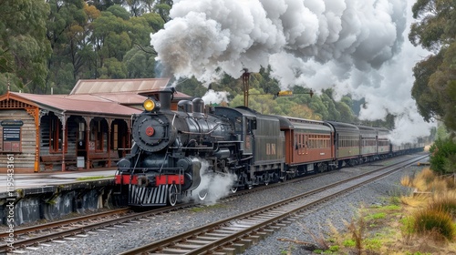 A vintage steam train departing from a station, billowing smoke amidst lush greenery.
