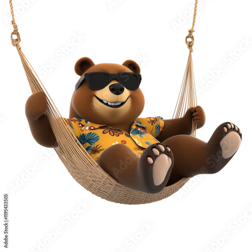 Charming cartoon brown bear relaxing in a hammock with sunglasses and a tropical shirt on a transparent background