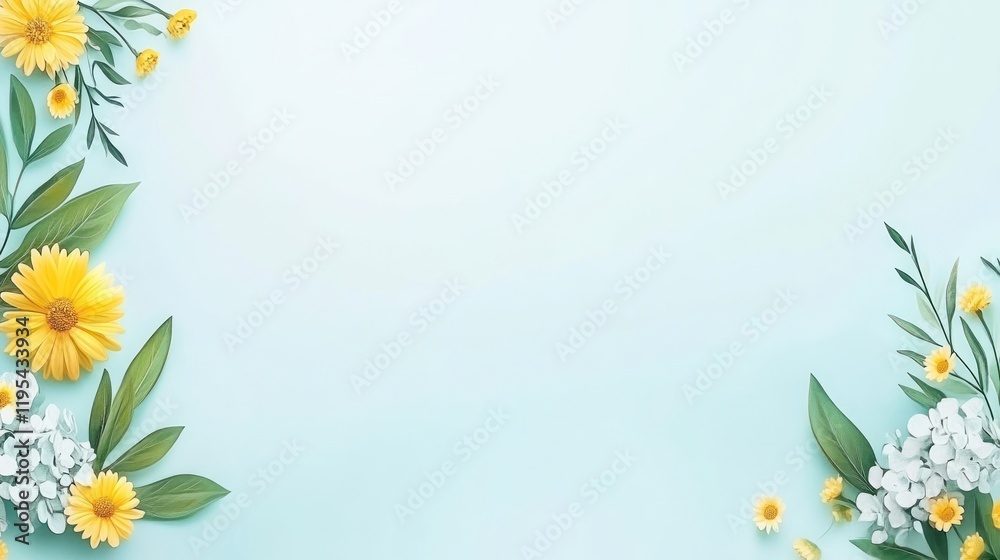 Pastel blue background with yellow and white flowers, leaves, and copy space. Pastel blue background with yellow and white flowers, leaves, and copy space.