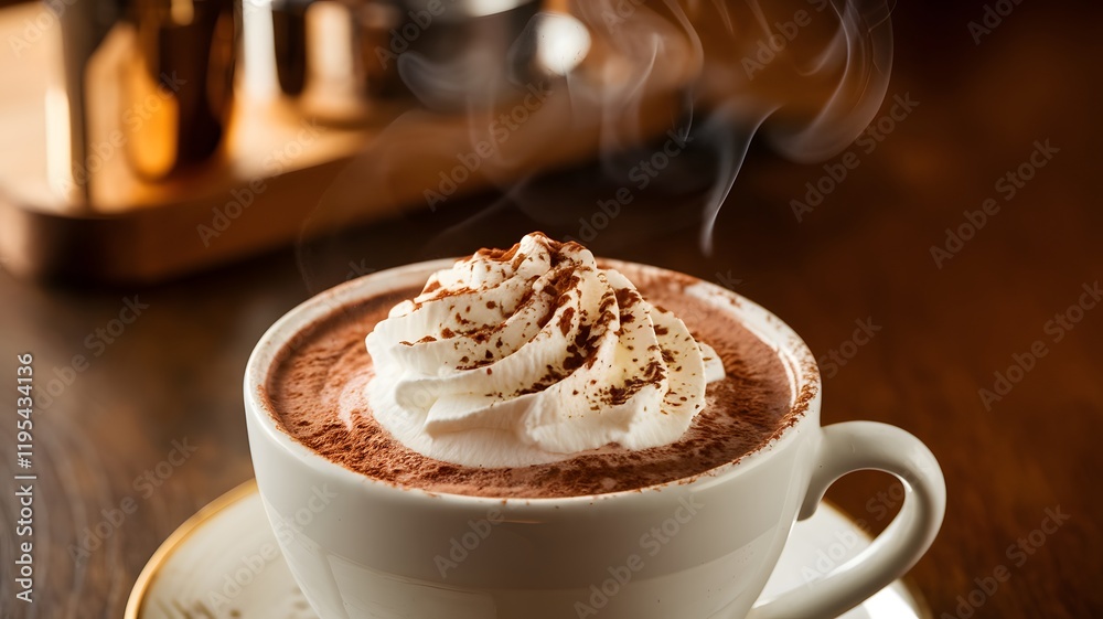 A warm cup of rich hot chocolate topped with fluffy whipped cream A warm cup of rich hot chocolate topped with fluffy whipped cream