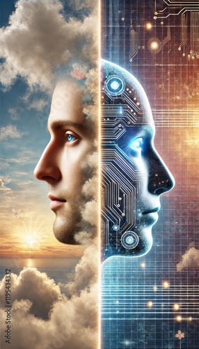 Futuristic blend of humanity and AI showcasing harmony and ethics. Generado con IA