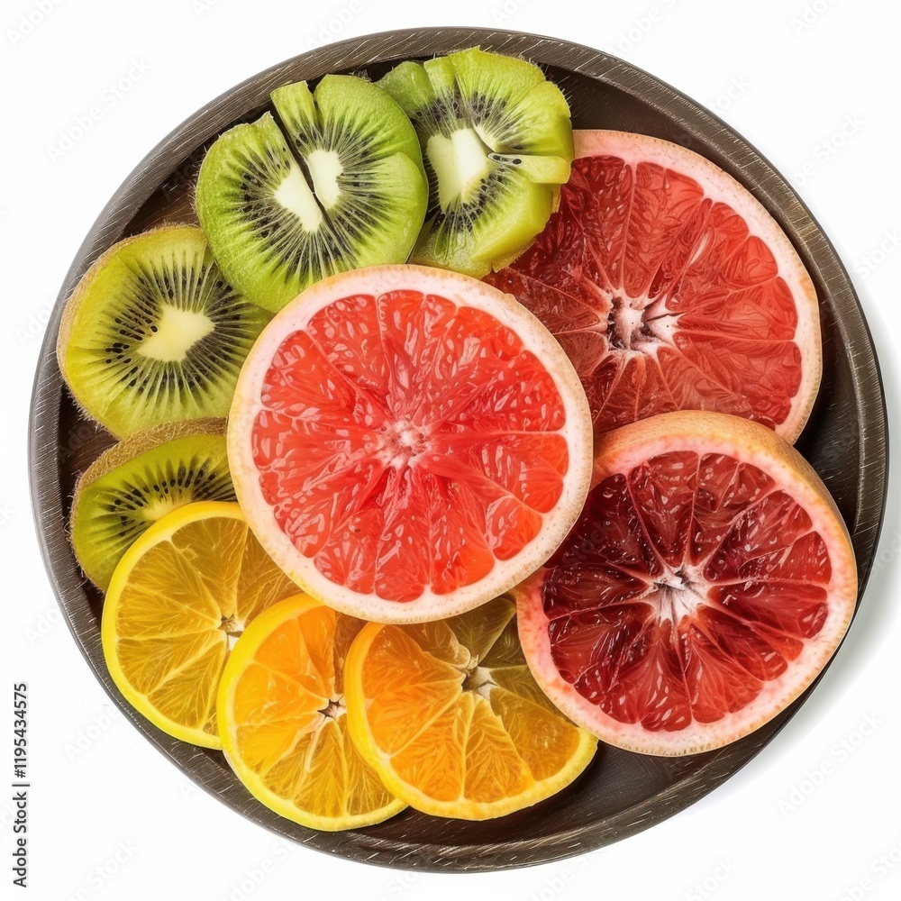 A fruit platter with slices of kiwi, orange, and grapefruit A fruit platter with slices of kiwi, orange, and grapefruit