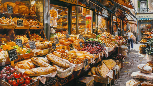 A vibrant Parisian food market with colorful displays of bread, cheese, and fresh produce photo