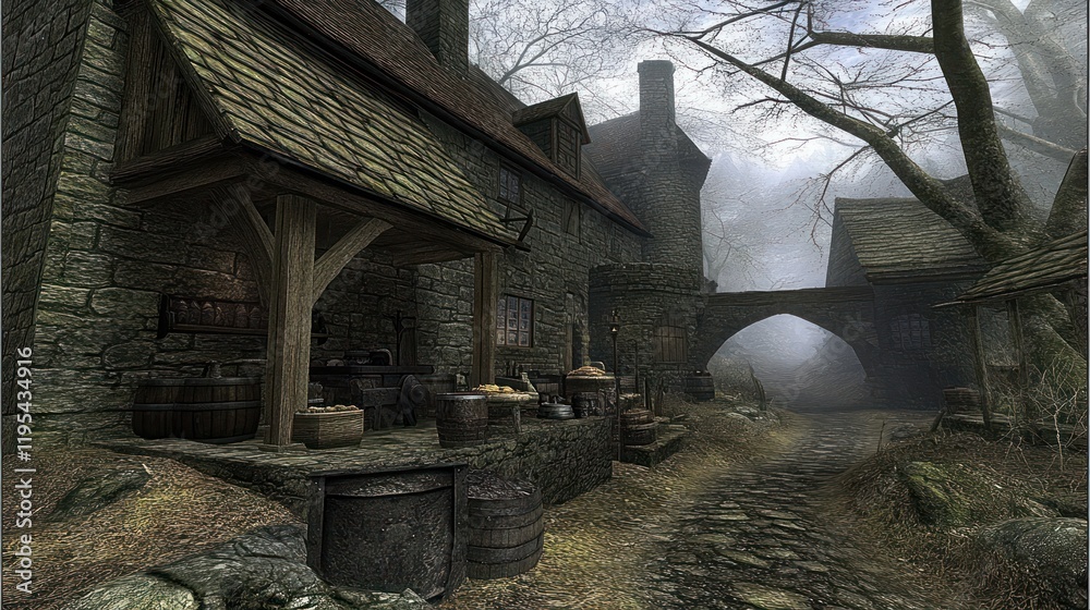 Misty medieval village street scene with stone buildings, arched gateway, and market stalls. Misty medieval village street scene with stone buildings, arched gateway, and market stalls.