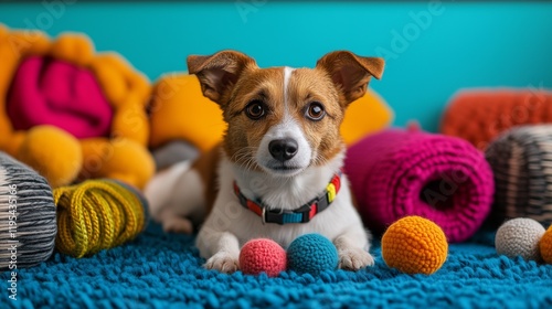 A pet supply store banner featuring colorful collars and toys