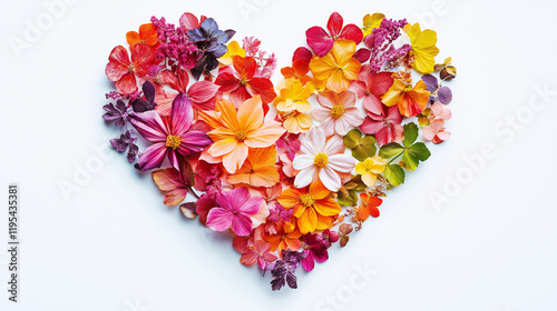 This stunning heart shape crafted from various colorful flower petals and leaves showcases nature's beauty, symbolizing love and the vibrancy of life.