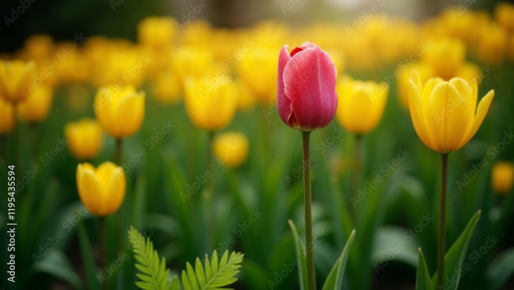 Pink tulip in bloom surrounded by vibrant yellow tulips in a garden setting Pink tulip in bloom surrounded by vibrant yellow tulips in a garden setting