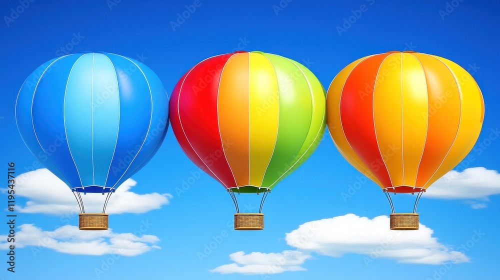 Naklejka premium Three colorful hot air balloons ascending in a clear blue sky with fluffy white clouds.
