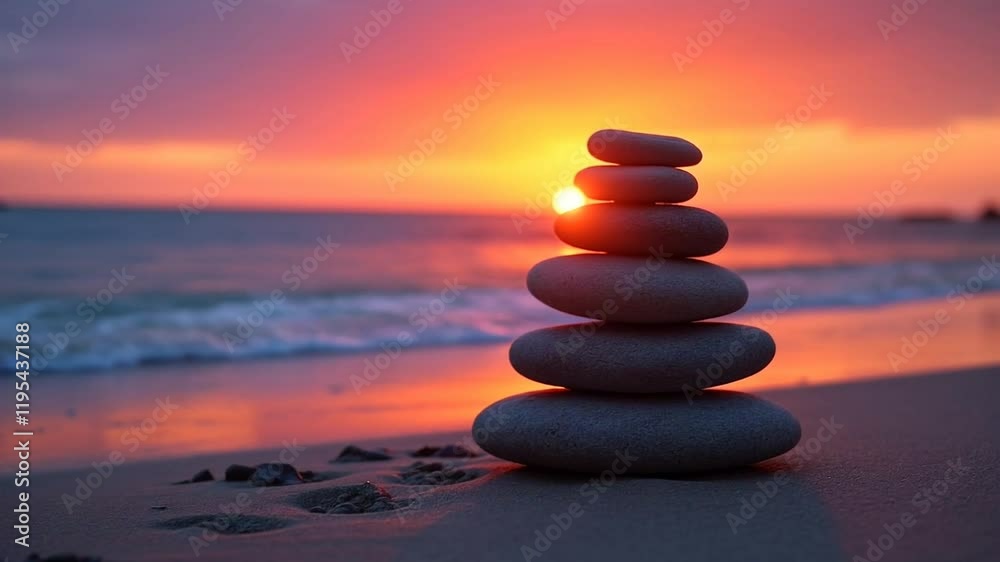 Serene Sunset: Balanced Stones on Beach at Dusk Serene Sunset: Balanced Stones on Beach at Dusk