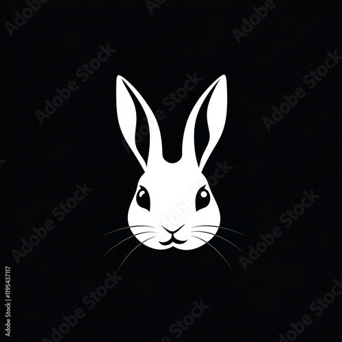 Minimalist white rabbit head icon logo vector illustration, featuring bold thick lines on a solid black background. A sleek and modern emblem, ideal for branding, digital art, tattoos, and minimalist 