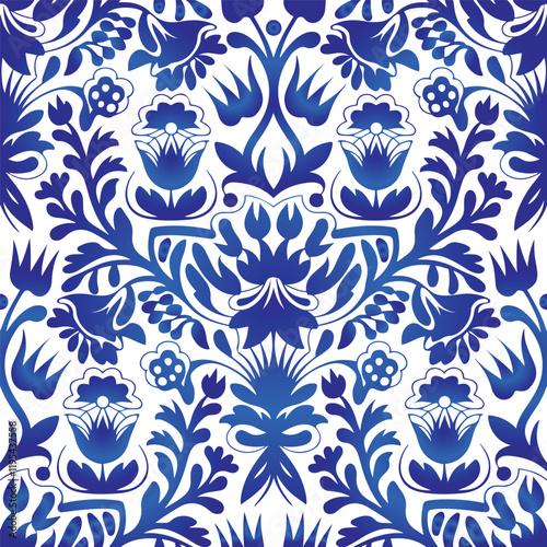 Traditional Russian vector seamless pattern in gzhel style. Can be used for banner, card, poster, invitation, label etc.