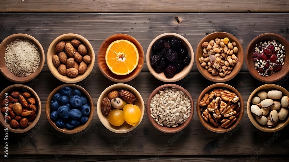 various healthy snacks including nuts, fruit, and berries are arranged on a wooden table various healthy snacks including nuts, fruit, and berries are arranged on a wooden table