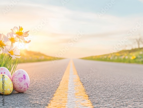 Serene Easter Dawn Long Road of Hope with Blooming Flowers and Painted Eggs - Spring Adventure Imagery for Travel Marketing and Seasonal Celebration Campaigns photo