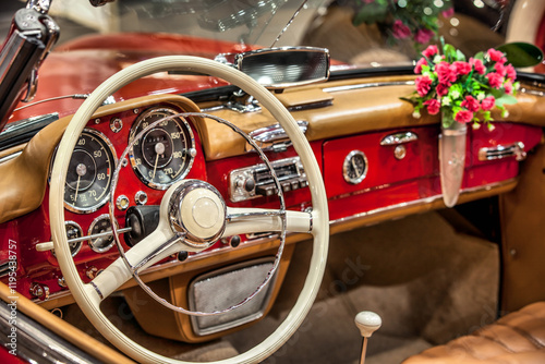 Vintage car interior. Retro styled image of a classic car.