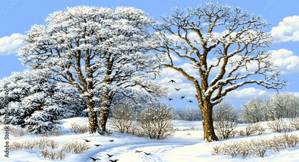 Snowy winter landscape with two snow-covered trees and birds. Snowy winter landscape with two snow-covered trees and birds.
