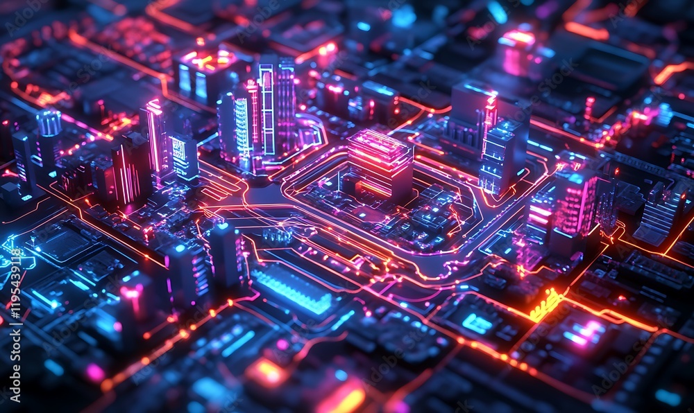 Fototapeta premium A 3D blueprint of a city with vibrant neon outlines forming a grid-like pattern