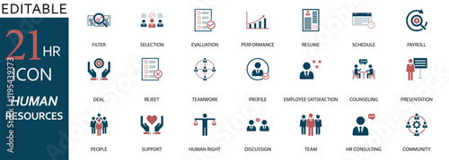Editable 21 HR icon set for human resources. Includes selection, performance, resume, payroll, teamwork, employee satisfaction, counseling, and more. Ideal for presentations, websites, and HR tools