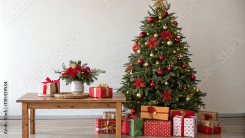 A beautifully decorated Christmas tree sits atop a wooden table surrounded by vibrant presents and festive centerpieces  christmas tree  presents  winter theme